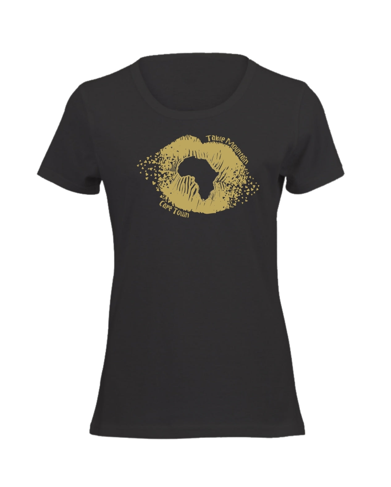 Kiss Africa Ladies Tee - Black/Gold Print